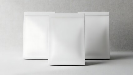 Three blank white resealable pouches stand in a row on a light gray surface with soft shadows.