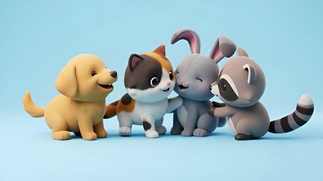 Cute animal friends 3D illustration, cute animal friends cartoon characters on pastel background, cute animal friends adorable toy style, Cute animal characters for kids and nursery designs