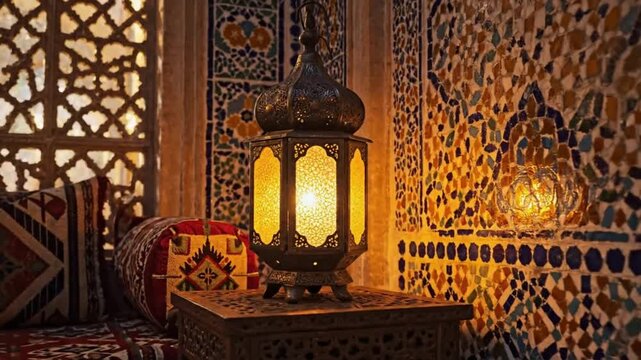 Ornate lantern on a intricately patterned table beside a decorative wall with traditional Middle Eastern architecture and soft lighting