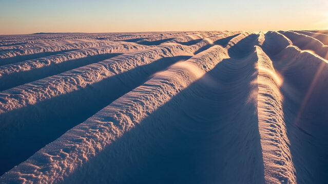 Serene snowy landscape with parallel tracks, golden hour sunrise, natural light, warm tones, peaceful atmosphere, winter scenery, high resolution
