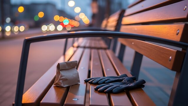 Brown paper bag and black leather gloves on wooden city bench at dusk  urban scene