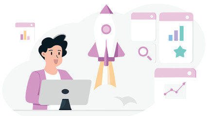 Young professional launching business success with rocket growth concept