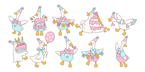 Cute silly goose birthday party set with cake, balloons, and party hats in pastel hand-drawn doodle style. © Illustartathome