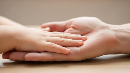 Closeup of adult hand holding small baby hand on wooden surface indoors
