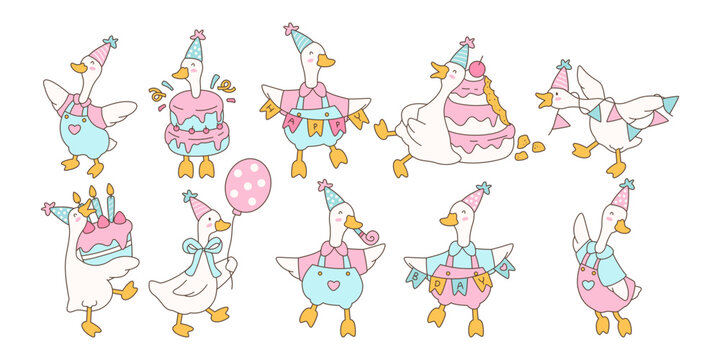 Cute silly goose birthday party set with cake, balloons, and party hats in pastel hand-drawn doodle style.