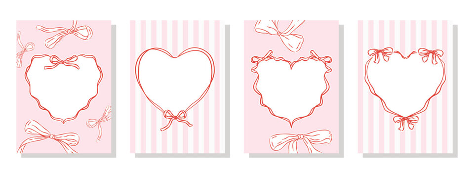 Valentine's Day card templates with heart ribbon frames and bows on pink striped background.