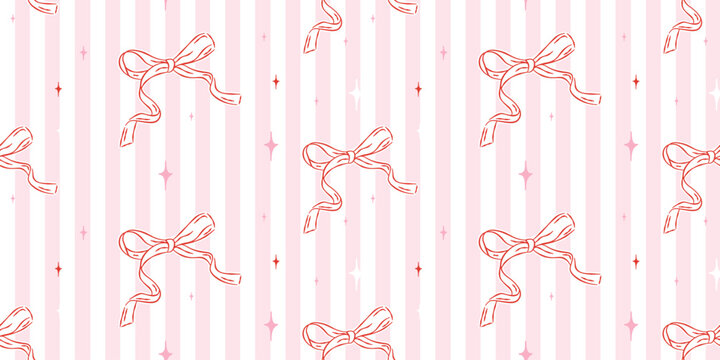 Pink ribbon bow seamless pattern on striped background with sparkles in hand-drawn doodle style for Valentine's Day.