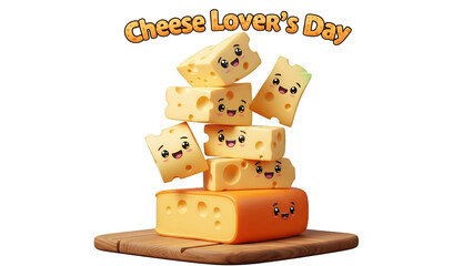 A collection of assorted cheese pieces stacked on a wooden board isolated on transparent background