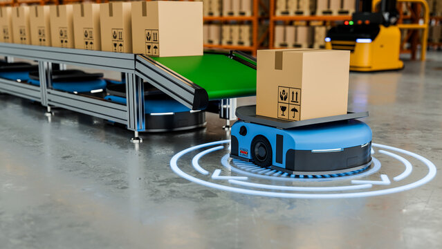 Automated warehouse robot (AGV) carrying a cardboard box on a digital path, symbolizing smart logistics, AI technology, and industrial automation efficiency- 3D rendering