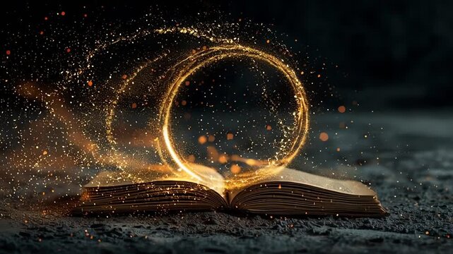 An ancient open book emits a magical golden ring of light and sparkling dust in a dark, mystical setting.
