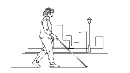 High-Quality Black Continuous Line Art View of a Blind Person Using a White Cane
