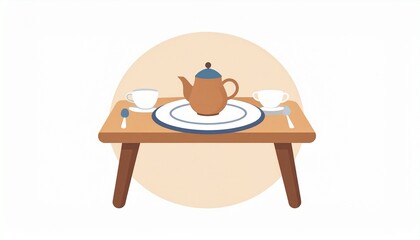 Fototapeta premium Charming illustration of a quaint table setup with a teapot, two teacups, a plate, and cutlery, evoking a cozy breakfast or afternoon tea atmosphere