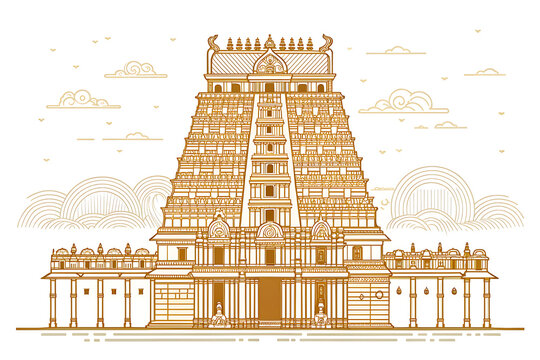 Padmanabhaswamy Temple gopuram in clean symmetrical golden lines