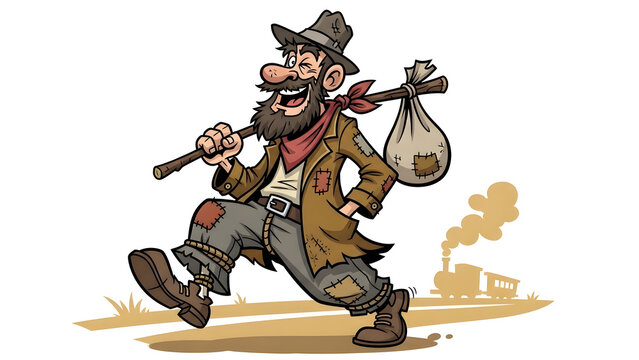 Funny cartoon hobo walking with stick and bag