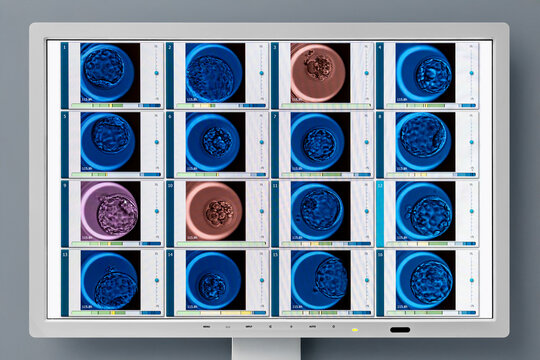 Advanced IVF laboratory technology displaying human embryo development stages on digital screen, fertility clinic incubator monitoring blastocyst growth, assisted reproductive in vitro fertilization
