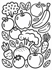 Hand Drawn Fruit and Veggie Line Art for Kids Coloring