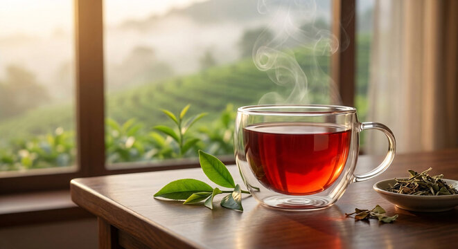 featuring a premium red Assam tea served in an elegant transparent glass cup