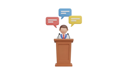 Businessman Speaking at Podium with Speech Bubbles