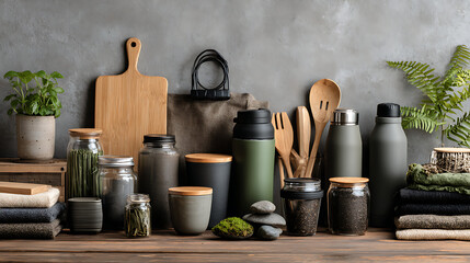 A variety of kitchen items are displayed on a wooden table. There are several bowls, cups, and spoons, as well as a knife and a cutting board. A potted plant is also present on the table