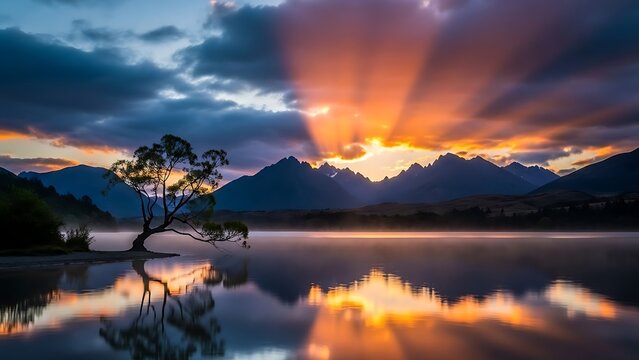 Sunset over calm lake with tree and mountain range in background at dusk  serene landscape - Powered by Adobe