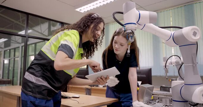 female technician asian adult demonstrating how to adjust cobot component during robotic arm calibration session with colleague in industrial automation lab focused on collaborative engineering