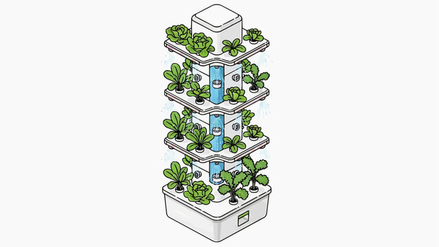 Vertical farming illustration showcasing multiple layers of plants and water system in a modern agricultural setup viewed from the side
