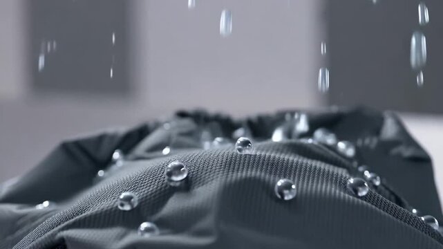 Water droplets falling on waterproof fabric in a gray room