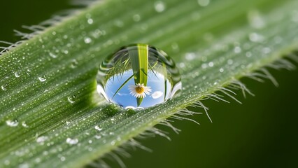 Water droplet on green leaf with reflection of white flower and blue sky