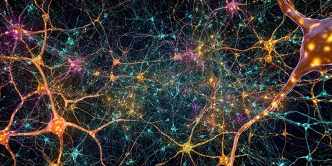 Detailed illustration of a network of neurons and neural connections in the brain, glowing with colorful lights