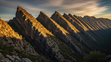 Breathtaking rugged mountain range at sunset, warm golden light casting shadows, serene natural landscape with dramatic peaks and cloudy sky