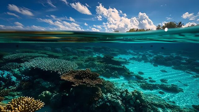 A vibrant split-level view of a tropical coral reef underwater and a sunny sky with clouds and a distant island above the clear blue ocean.
