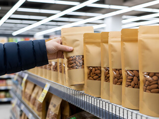 Hand holding almond package amid modern shopping atmosphere inside supermarket