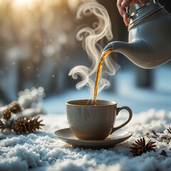 Pouring Hot Tea into Ceramic Cup &ndash; Cozy Winter Moment
