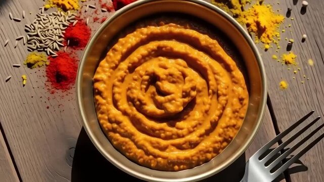 Cinematic top-down video of traditional chut food served on a rustic wooden table