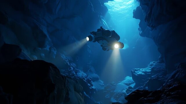 An underwater submersible with bright lights explores a dark, mysterious deep-sea cave or canyon, illuminated by shafts of light from above.