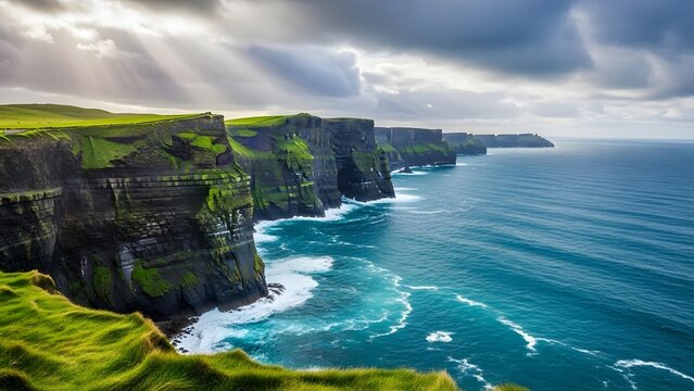 Dramatic Cliffs of Moher with rugged coastline and ocean waves