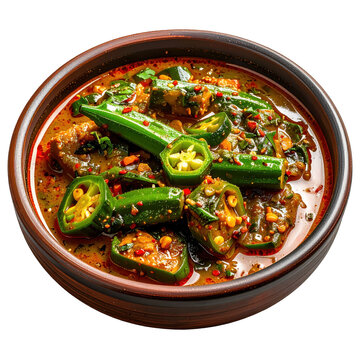 Savory asida with a side of green okra sauce, a simple and traditional north african meal, beautifully isolated on white background