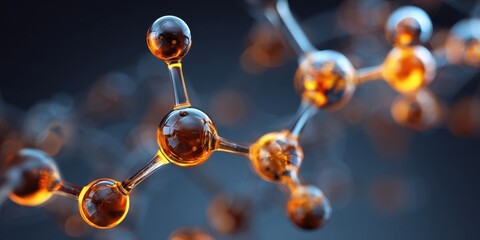 Abstract 3D rendering of a molecule with glowing orange atoms and transparent rods against a dark blue blurred background.