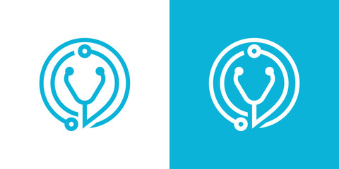 Dual meaning logo combining a stethoscope and technology elements, symbolizing digital healthcare, medical innovation, diagnostics, and smart health solutions.