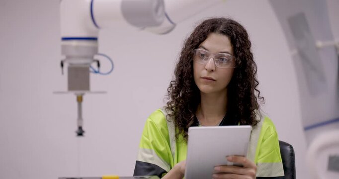 Focused technician controls collaborative robot by adjusting suction gripper with hand while monitoring task on tablet during robotics automation training for precision movement in smart lab