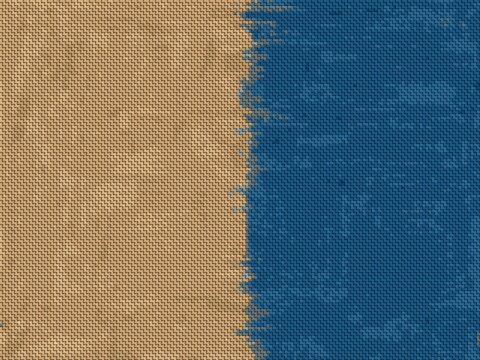 Textured blue and tan burlap fabric background with frayed edge