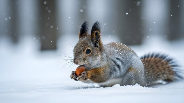 Cute squirrel running through snowy forest with nut in mouth during winter snowfall.
