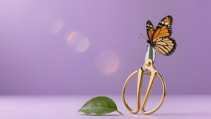 A beautiful monarch butterfly perched on the sharp blade of golden sewing scissors with a single green leaf on a purple background representing the contrast between nature and tools.