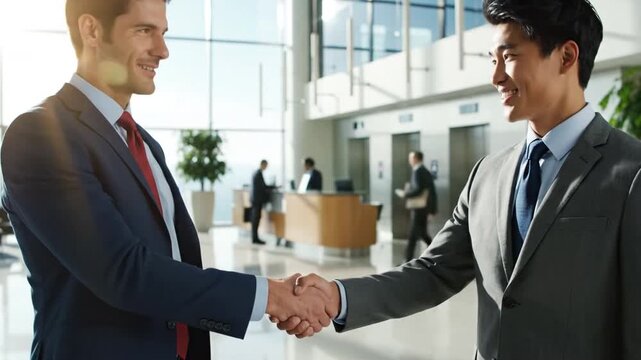 Business Handshake Deal: Two smartly dressed professionals seal a business deal with a handshake in a modern office, symbolizing partnership and agreement.