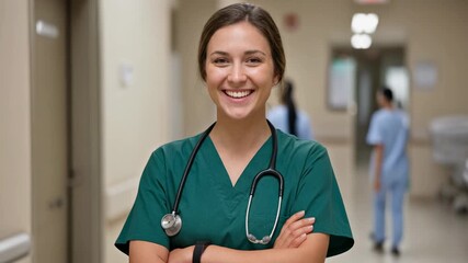Friendly nurse in scrubs smiling in a hospital corridor, promoting healthcare and wellness