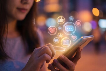 Woman typing on smartphone with floating holographic social media icons in urban night setting