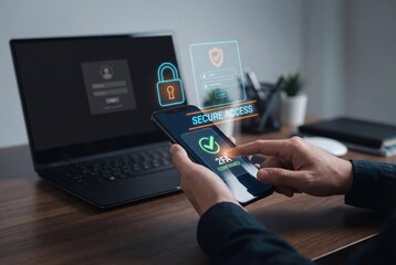 Hands holding phone with two factor authentication and digital security holograms