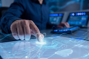 Man using biometric fingerprint scanner on glowing blue digital touch screen for secure data access
