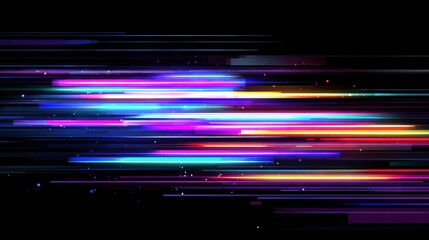 Abstract background with glowing neon light streaks and particles on a black background