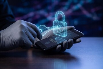 Hands in gloves holding smartphone with blue digital key and padlock hologram for data security